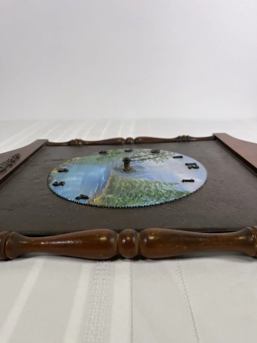 VTG 80s Hand Painted Saw Blade Wall Clock Rustic Folk Art Woodland Cabin Forest